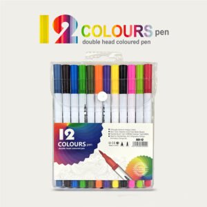 12 Colours Double Head Coloured Marker Set Dual Tip Brush & Fineliner