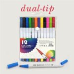 12 Colours Double Head Coloured Marker Set Dual Tip Brush & Fineliner